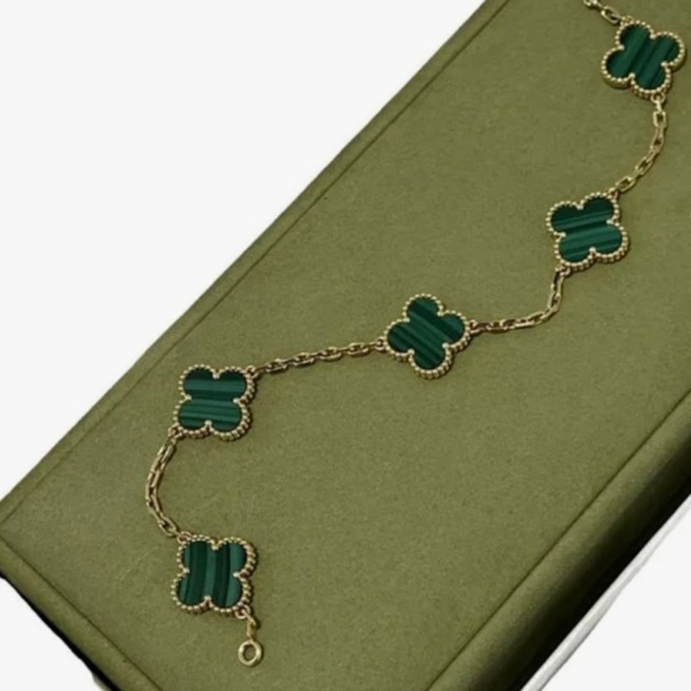 Clover Bracelet, 5-Motif Quatrefoil Alhambra, Green Malachite & Gold, New - Picture 2 of 7